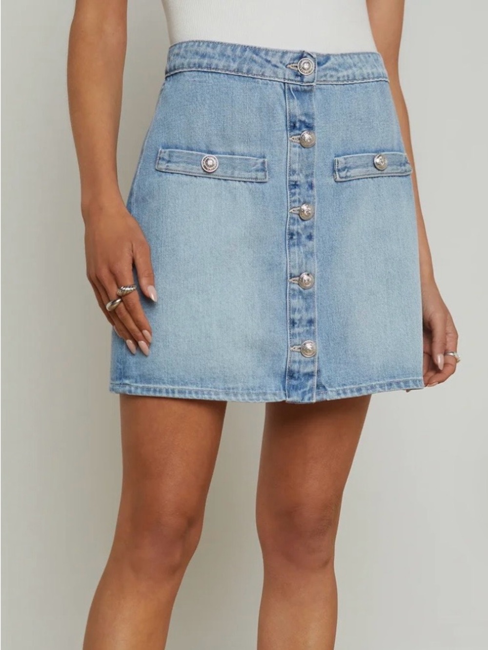 L'AGENCE KRIS Light Blue Denim Button-Front Mini Skirt